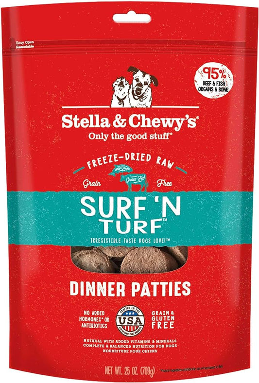 Stella & Chewy's Freeze Dried Raw Dinner Patties – Grain Free Dog Food, Protein Rich Surf ‘N Turf Salmon & Beef Recipe – 25 oz Bag