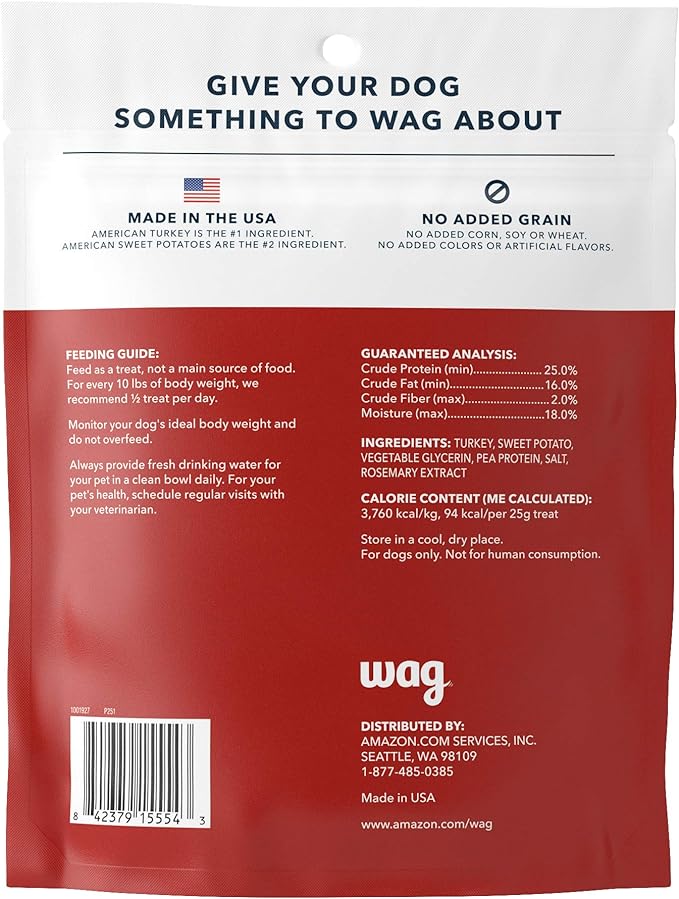 Amazon Brand - Wag Soft & Tender American Jerky Dog Treats – Turkey & Sweet Potato, 16 Ounce (Pack of 1)