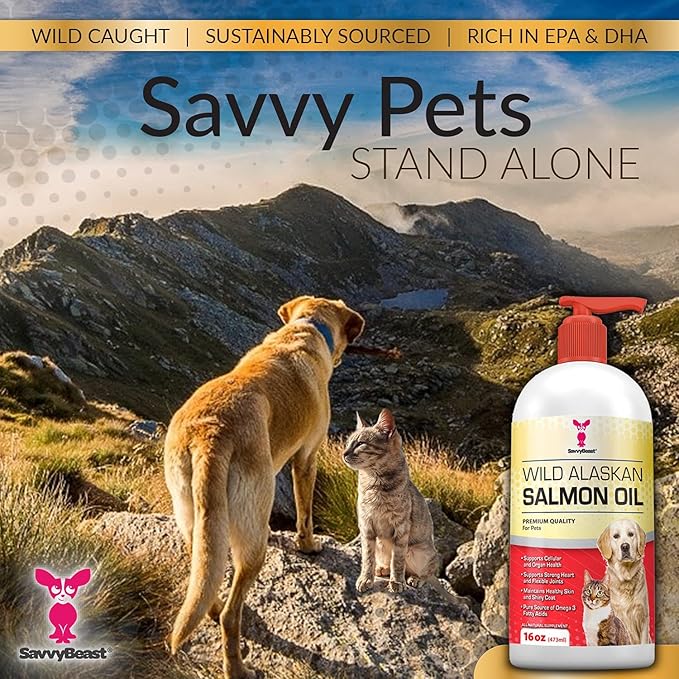 Wild Alaskan Salmon Oil for Dogs, Cats, Ferrets: Unscented Anti-Itch Skin and Coat Supplement with Omega-3 Vitamins - Liquid Fish Allergy Relief Pump on Food - Kitten Supplies & Accessories Stuff