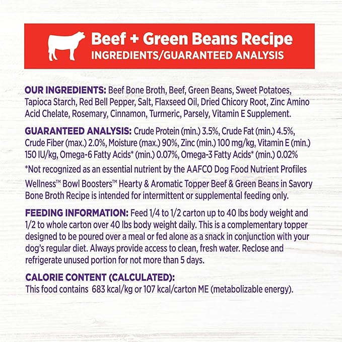 Wellness Bowl Boosters Hearty Toppers, Beef & Green Beans Recipe in Savory Bone Broth Dog Food Toppers, 5.5 Ounce Pouch (Pack of 12)