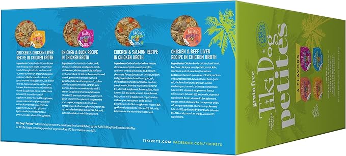 Tiki Dog Petites Grain Free, Variety Pack, Nutrient Dense Meat, Wet Dog Food for Small Breed Dogs and All Life Stages, 3 oz. Cans, Pack of 10