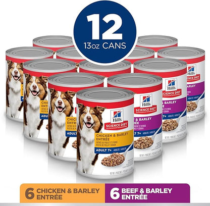 Hill's Science Diet Adult 7+, Senior Adult 7+ Premium Nutrition, Wet Dog Food, Variety Case: Chicken & Barley; Beef & Barley Loaf, 13 oz Can Variety Case, Case of 12