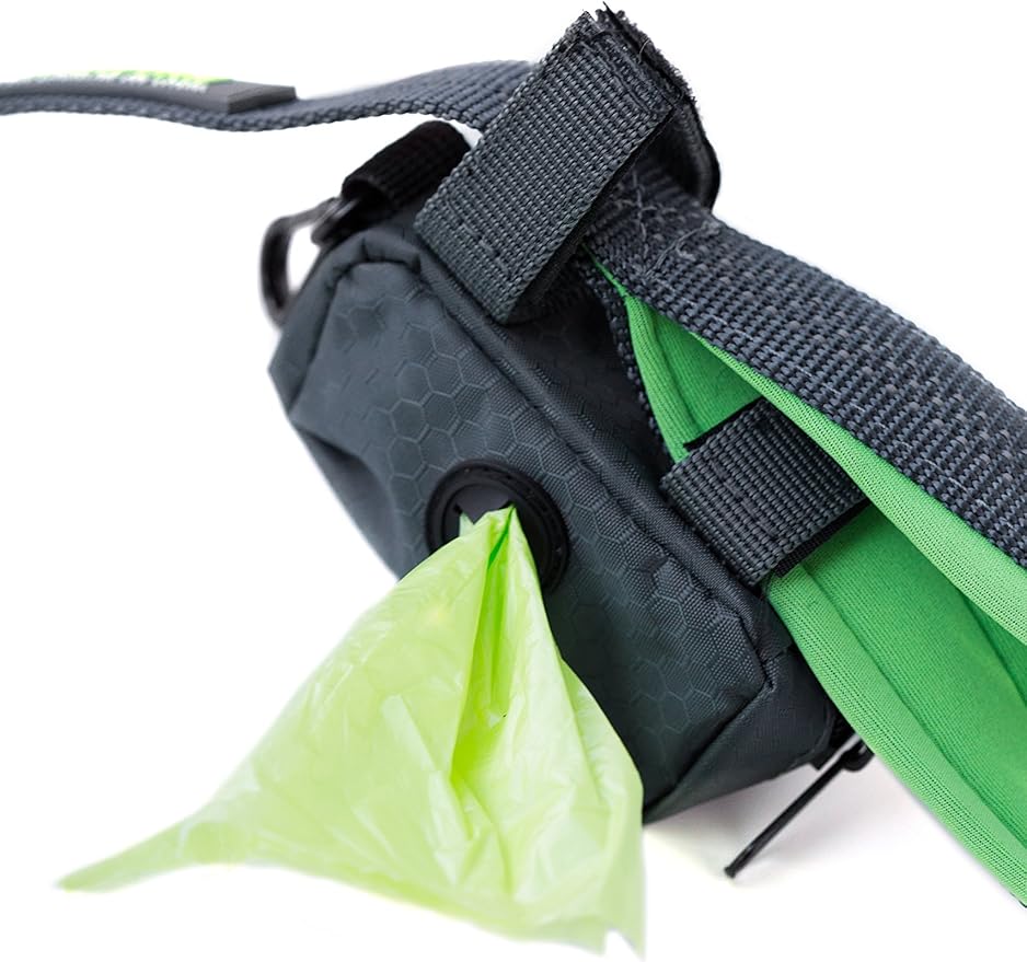 Mighty Paw Dog Poop Bag Holder - Zippered Pouch with Carabiner Hook - Includes Roll of Pick-up Bags - Pet Bag Holder - Poop Bag Dispenser - Dog Bags Traveling - Dog Waste Bag Holder - (Grey/Green)