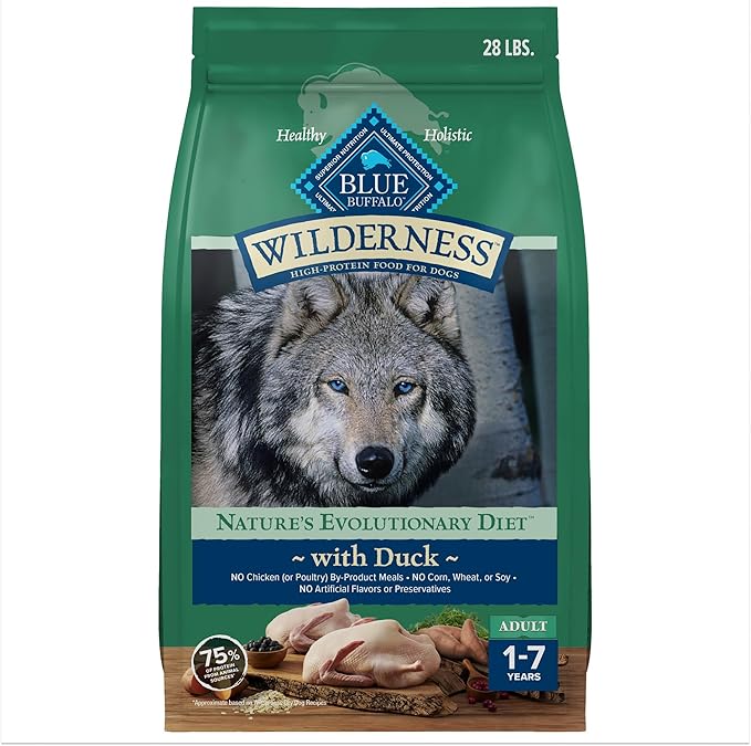 Blue Buffalo Wilderness High Protein Natural Adult Dry Dog Food plus Wholesome Grains, Duck 28 lb bag