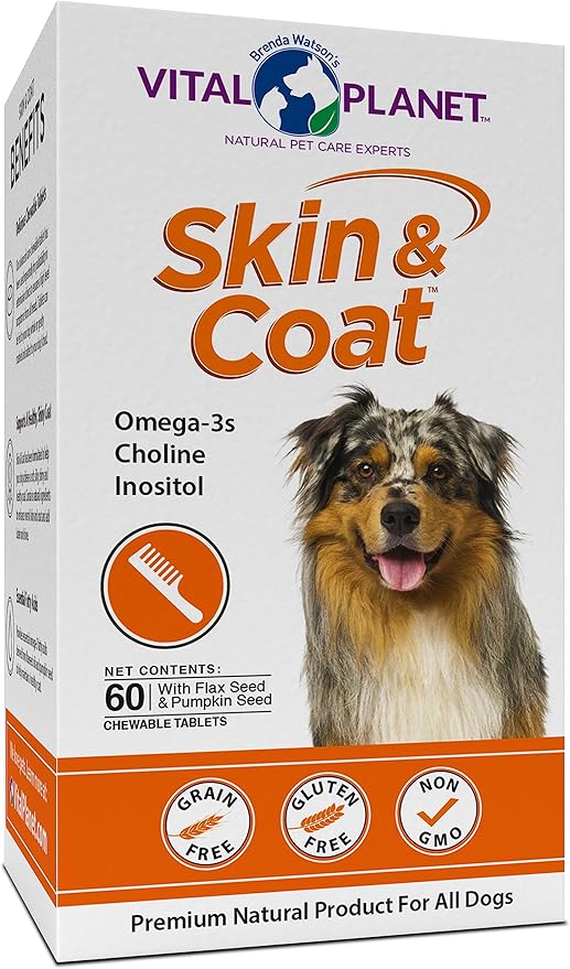 Vital Planet - Skin and Coat Supplement for Dogs with Choline, Inositol, Pumpkin, Flax and Omega-3 Oils to Support a Soft Shiny Healthy Coat and for Seasonal Allergies - 60 Chewable Tablets
