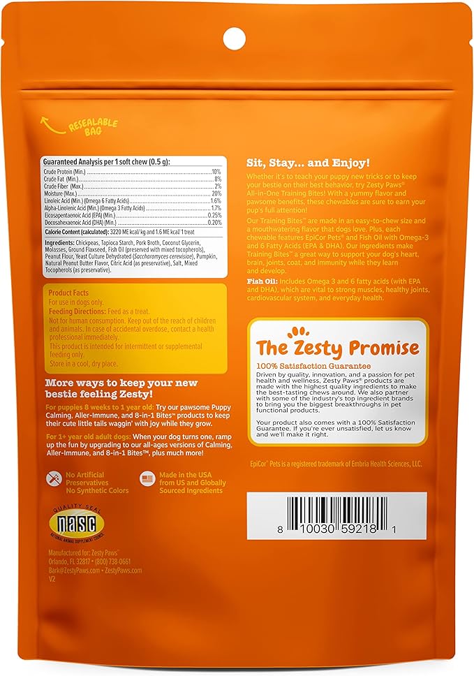 Zesty Paws Training Treats for Dogs & Puppies - Hip, Joint & Muscle Health - Immune, Brain, Heart, Skin & Coat Support - Bites with Fish Oil Omega 3 Fatty Acids with EPA & DHA - PB Flavor - 8oz