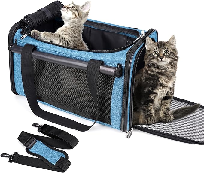 YUDODO 25 lbs Lightproof Pet Carriers Airline Approved Dog Cat Travel Soft Sided Carrier Reflective Mesh Safe Pet Cat Carrier Foldable Portable Small Animal Rabbit Puppy Cat Carrier (Large, Lake blue)