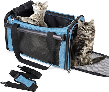 YUDODO 25 lbs Lightproof Pet Carriers Airline Approved Dog Cat Travel Soft Sided Carrier Reflective Mesh Safe Pet Cat Carrier Foldable Portable Small Animal Rabbit Puppy Cat Carrier (Large, Lake blue)