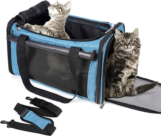 YUDODO 25 lbs Lightproof Pet Carriers Airline Approved Dog Cat Travel Soft Sided Carrier Reflective Mesh Safe Pet Cat Carrier Foldable Portable Small Animal Rabbit Puppy Cat Carrier (Large, Lake blue)