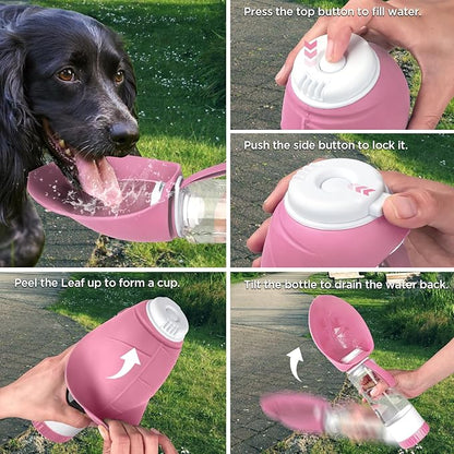 Dog Water Bottle, Pet Water Bottle with Food Container and Drinking Feeder, Leak Proof, BPA-Free, Portable Foldable Puppy Water cup Dispenser for Outdoor Walking, Travel, Hiking Large Pink
