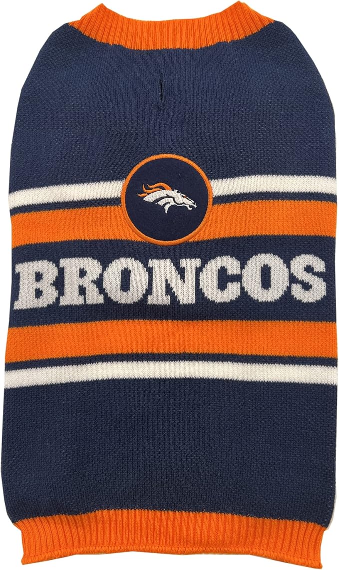 Pets First NFL Denver Broncos Dog Sweater, Size Extra Small. Warm and Cozy Knit Pet Sweater with NFL Team Logo, Best Puppy Sweater for Large and Small Dogs, Team Color (DEN-4179-XS)