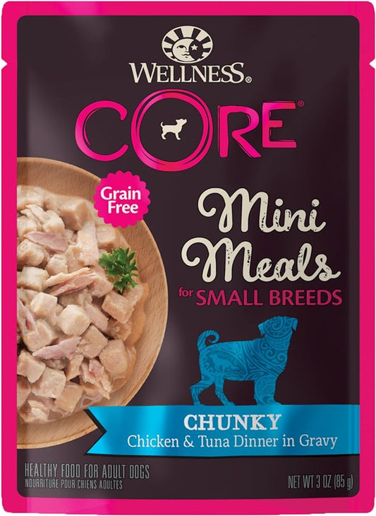 Wellness CORE Natural Grain Free Small Breed Mini Meals Wet Dog Food, Chunky Chicken & Tuna Dinner in Gravy, 3-Ounce Pouch (Pack of 12)
