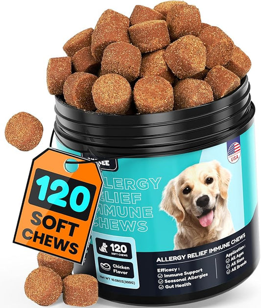 Dog Allergy Chews for Seasonal Allergies, Dog Allergy Relief with Omega 3, Probiotics & Natural Ingredients, Itch Relief for Dogs Allergy, Itching, Paw Biting, Skin Health 120 Ct Chicken Flavor