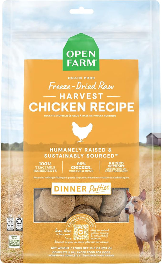 Open Farm Freeze Dried Raw Patties for Dogs, Humanely Raised Meat Recipe with Non-GMO Superfoods and No Artificial Flavors or Preservatives, Harvest Chicken Recipe, 10.5oz