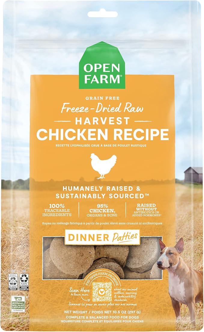Open Farm Freeze Dried Raw Patties for Dogs, Humanely Raised Meat Recipe with Non-GMO Superfoods and No Artificial Flavors or Preservatives, Harvest Chicken Recipe, 17.5oz