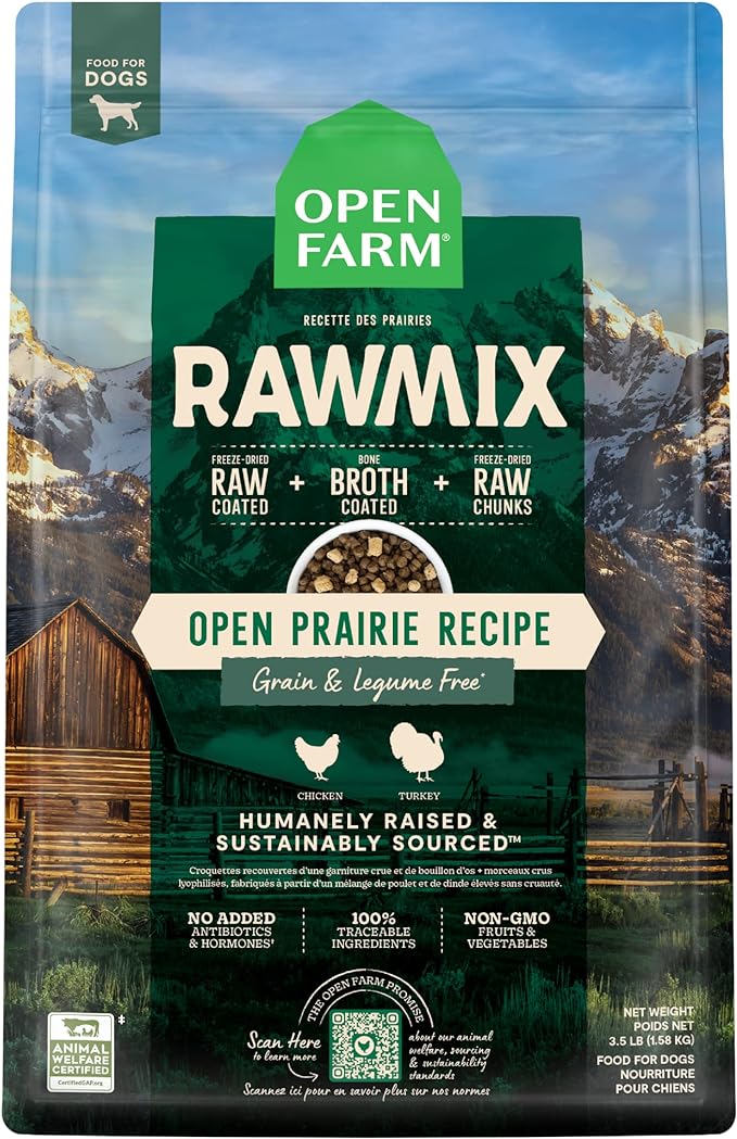 Open Farm RawMix Grain-Free Prairie Recipe for Dogs, includes Kibble, Bone Broth, and Freeze Dried Raw, Inspired by The Wild, Humanely Raised Protein and Non-GMO Fruits and Veggies, 3.5 lb