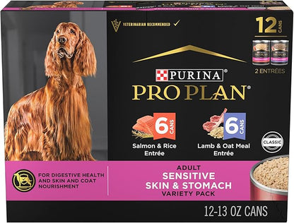 Purina Pro Plan Sensitive Skin and Stomach Dog Food Pate Salmon and Rice and Lamb and Oat Meal Wet Dog Food Variety Pack - (Pack of 12) 13 oz. Cans