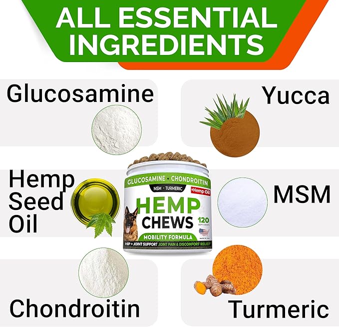 STRELLALAB Hemp Treats + Glucosamine for Dogs - Hip & Joint Supplement - w/Hemp Oil + Protein - Chondroitin, MSM, Turmeric to Improve Mobility & Energy - Natural Joint Pain Relief - Bacon Flavor