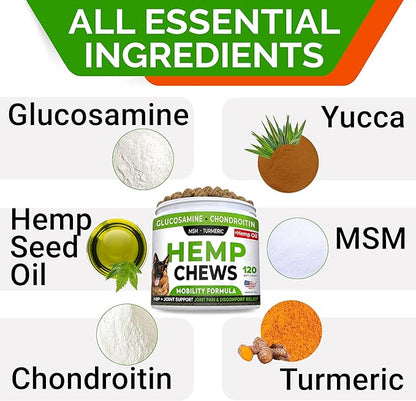 STRELLALAB Hemp Treats + Glucosamine for Dogs - Hip & Joint Supplement - w/Hemp Oil + Protein - Chondroitin, MSM, Turmeric to Improve Mobility & Energy - Natural Joint Pain Relief - Bacon Flavor