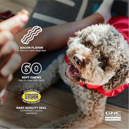 GNC Pets Essentials, Skin & Coat, All Dog 60ct 2.2g Soft Chews | Skin & Coat Soft Chews for Dogs in Bacon Flavor | Dog Supplement with Salmon Oil, Omega Fatty Acids, and EPA & DHA for Skin and Coats