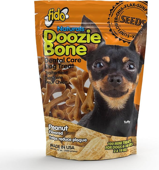 Bones for Dogs, Dental Chews - 100 Delicious Mini Treats, Made in The USA - Mini Dog Dental Chews to Support Your Dog’s Health (Doozie Bone Peanut Flavor)