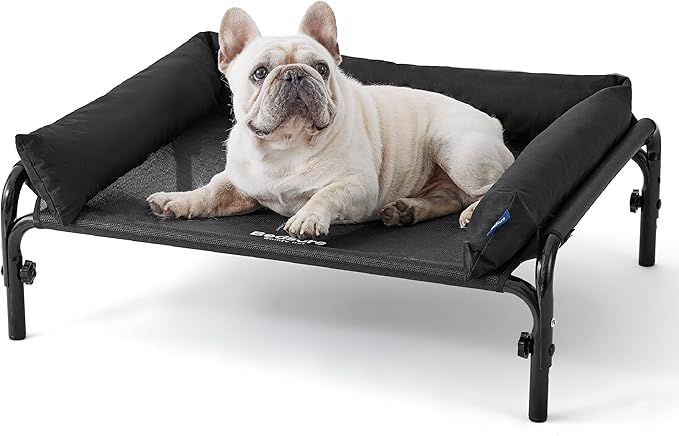 Bedsure Elevated Raised Outdoor Dog Bed - Cooling Dog Cot Bed with Bolster for Medium Dog, Lifted Pet Bed with Durable Breathable Teslin Mesh, Dog Hammock Bed with Non-Slip Feet, Black, 32 inches