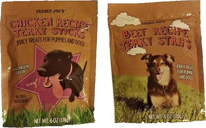 Trader Joe's Puppy and Dog Jerky Stick Treats with Natural Ingredients Bundle - 1 Bag Beef Recipe & 1 Bag Real Chicken Flavor Recipe (6 Oz. Per Bag)