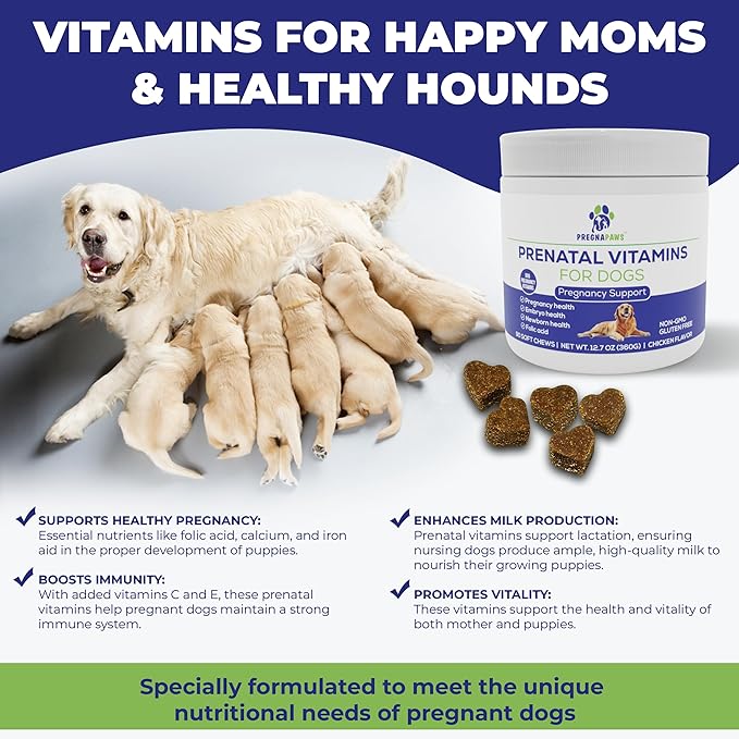 Prenatal Multivitamin Soft Chews for Dogs, 90 Count - Dog Prenatal Vitamins with Folic Acid, Zinc, and Calcium - Supports Milk Production - Delicious Chicken Flavor