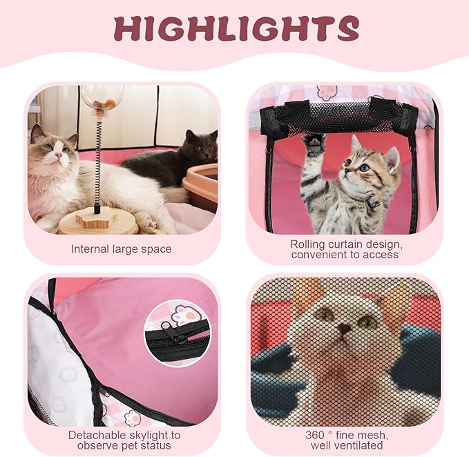 Foldable Dog Playpen Cat Puppy Playpen Indoor Pop Up Pet Animal Playpen Outdoor Kennel Cage Pen Tent for Small Medium Dog Puppy Cat Kitten Rabbit - Small, Pink