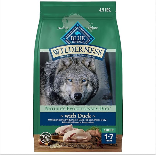 Blue Buffalo Wilderness High Protein Natural Adult Dry Dog Food plus Wholesome Grains, Duck 4.5 lb bag