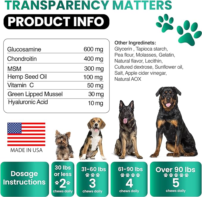Hemp Hip and Joint Supplement for Dogs - Glucosamine for Dogs - 170 Dog Joint Pain Relief Treats - Chondroitin, MSM, Hemp Oil - Advanced Dog Joint Supplement Health - Mobility Support Chews