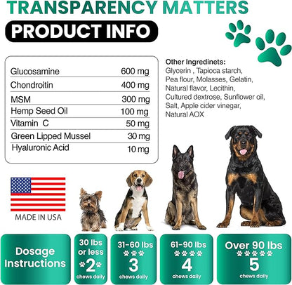 Hemp Hip and Joint Supplement for Dogs - Glucosamine for Dogs - 170 Dog Joint Pain Relief Treats - Chondroitin, MSM, Hemp Oil - Advanced Dog Joint Supplement Health - Mobility Support Chews