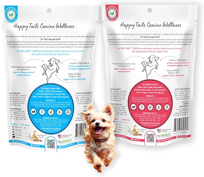 Jazzy Jerky Treats for Dgos, Beef & Salmon 2-PACK, 95% Protein, Prebiotics for Gut & Immune Health, Omega 3s & 6s for Skin & Coat, Made in USA, All ages, (Two 10 oz. bags)