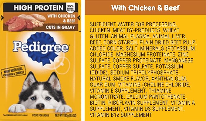 Pedigree high protein dog food bundle, includes 12 pouches, High Protein and cuts in gravy, assorted 06 Flavors(02 each).Plus a Carrot dog toy and a Pet Nutrition Booklet.