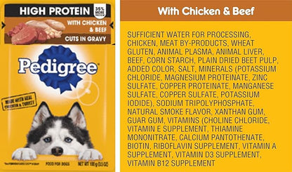 Pedigree high protein dog food bundle, includes 12 pouches, High Protein and cuts in gravy, assorted 06 Flavors(02 each).Plus a Carrot dog toy and a Pet Nutrition Booklet.