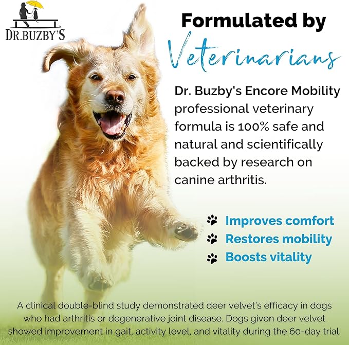 Dr. Buzby’s Encore Mobility Hip & Joint Supplement for Senior Dogs, 90 Chewable Tablets, Natural New Zealand Deer Velvet and Green Lipped Mussel, Pet Pain Relief