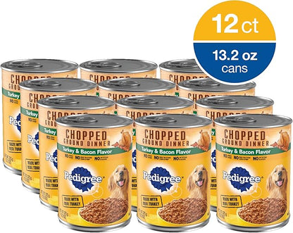 PEDIGREE CHOPPED GROUND DINNER Adult Canned Soft Wet Dog Food, Turkey & Bacon Flavor, 13.2 oz. Cans (Pack of 12)