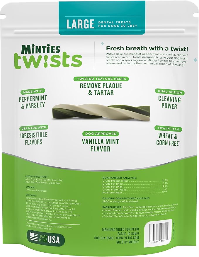 Minties Dental Twists for Dogs, Vet-Recommended Vanilla-Flavored Dental Chews for Medium/Large Dogs over 40 lbs, Dental Treats Clean Teeth, Fight Bad Breath, and Removes Plaque and Tartar, 24 oz