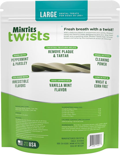 Minties Dental Twists for Dogs, Vet-Recommended Vanilla-Flavored Dental Chews for Medium/Large Dogs over 40 lbs, Dental Treats Clean Teeth, Fight Bad Breath, and Removes Plaque and Tartar, 24 oz