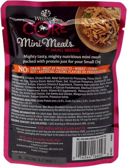 Wellness CORE Mini Meals Grain Free Small Breed Dog Wet Food 3 Flavor 6 Pouch Sampler, 2 Each: Chicken Pate, Chunky Chicken and Liver, Shredded Chicken Turkey (3 Ounces) Plus Toy Bundle