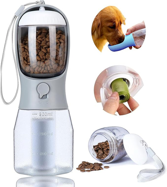 Dog Water Bottle with Food Container, Portable Pet Dog Water Dispenser for Outdoor Walking,Hiking,Travel,Puppy Essentials,Puppy Supplies,Replaceable Waste Bags