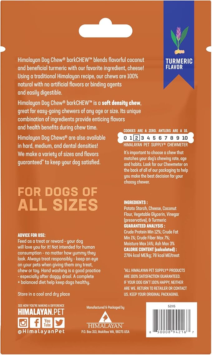 Himalayan Dog Chew Yak Cheese Dog Chews, 100% Natural, Long Lasting, Gluten Free, Healthy & Safe Dog Treats, Lactose & Grain Free, Protein Rich, Medium, Turmeric, 6 Chews per Pouch 3.3 oz