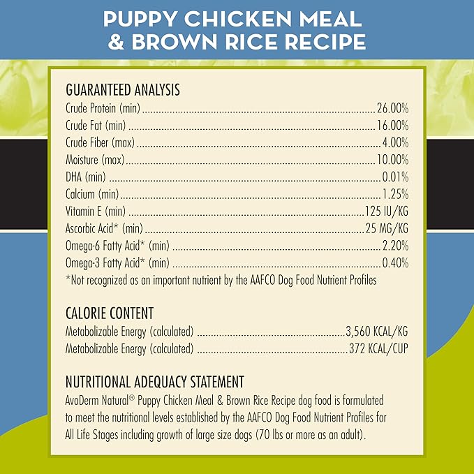 AvoDerm Puppy Dry Dog Food, DHA For Brain & Eye Development, Chicken & Brown Rice Formula, 15lb bag