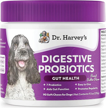 Dr. Harvey's Digestive Probiotic Soft Chews for Dogs, 7 Probiotics for Gut Health, Diarrhea and Bowel Support, Peanut Butter Flavor (90 Chews)