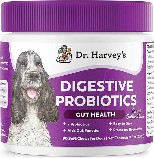 Dr. Harvey's Digestive Probiotic Soft Chews for Dogs, 7 Probiotics for Gut Health, Diarrhea and Bowel Support, Peanut Butter Flavor (90 Chews)
