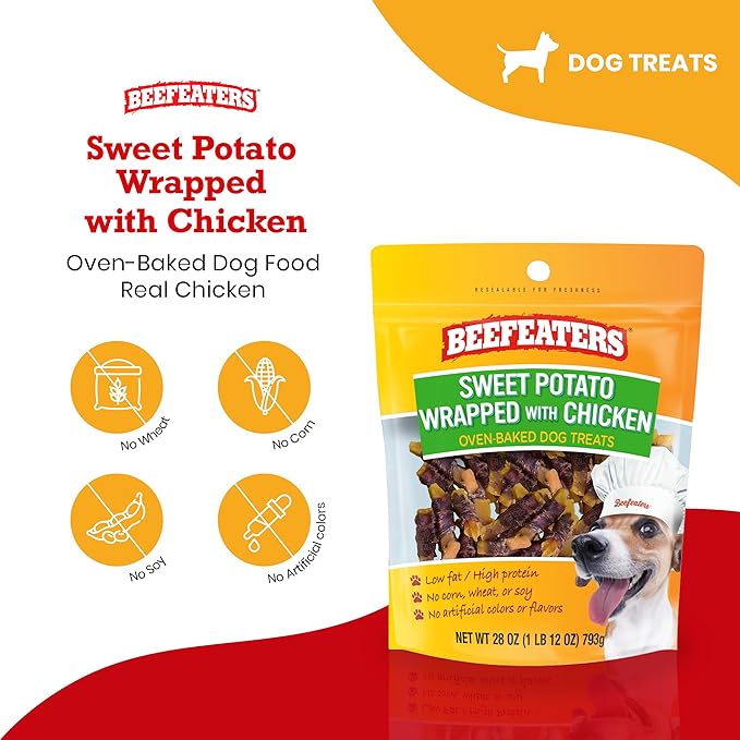 Beefeaters Dog Treats - Sweet Potato Wrapped with Chicken 28oz | Dog Food No Corn/Wheat/Soy/Gluten | Low Fat, Grain-Free, Perfect for Training & Rewards | Dog Training Treats for All Dog Sizes