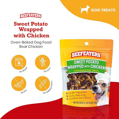 Beefeaters Dog Treats - Sweet Potato Wrapped with Chicken 28oz | Dog Food No Corn/Wheat/Soy/Gluten | Low Fat, Grain-Free, Perfect for Training & Rewards | Dog Training Treats for All Dog Sizes