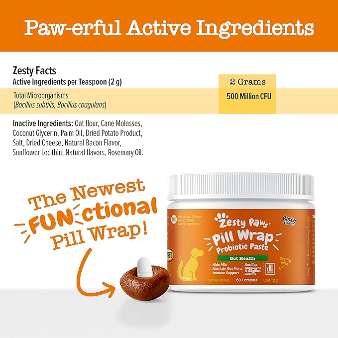 Zesty Paws Pill Wrap Probiotic Paste for Dogs - Immune & Digestive System Support - Bacon Flavor - with DE111 Bacillus subtilis - Pockets Any Pill, Tablet & Capsule for Your Dog - 60 Portions…