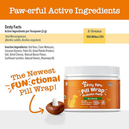 Zesty Paws Pill Wrap Probiotic Paste for Dogs - Immune & Digestive System Support - Bacon Flavor - with DE111 Bacillus subtilis - Pockets Any Pill, Tablet & Capsule for Your Dog - 60 Portions…