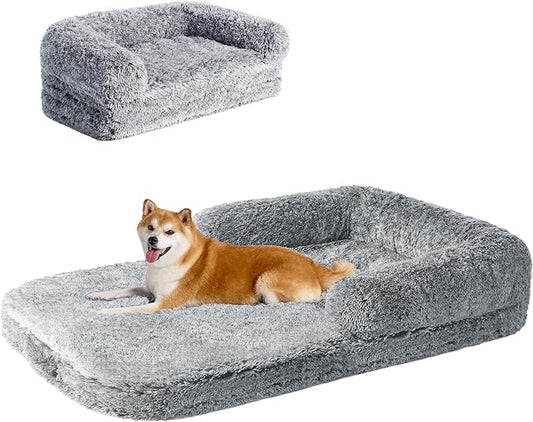 EHEYCIGA Foldable XXL Dog Bed, Faux Fur Fluffy Dog Bed for Extra Large Dogs, Orthopedic Calming Memory Foam Big Dog Couch Bed, Washable Soft Dog Sofa Bed with Non-Slip Bottom, Grey, 54"x38"x8.5"